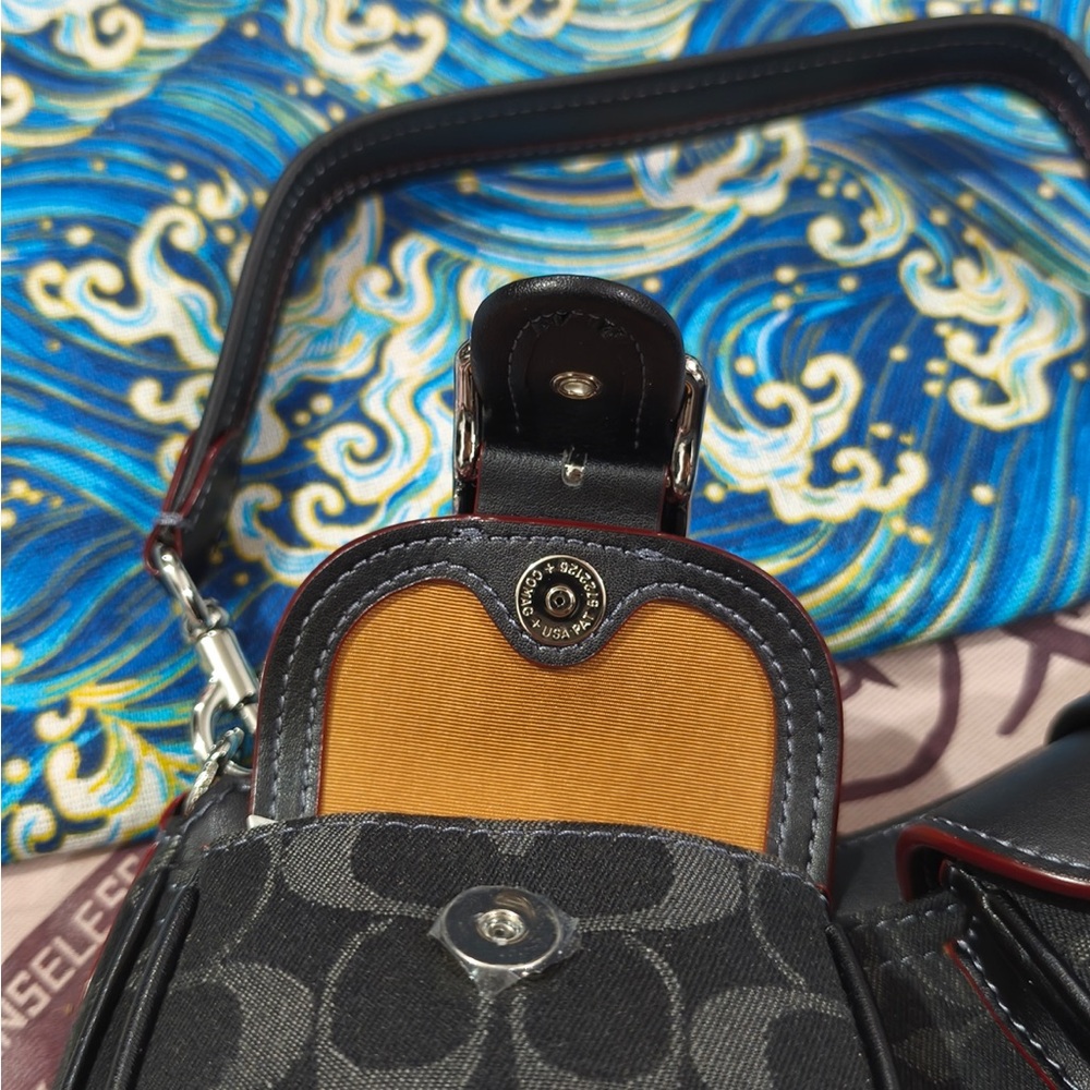Coach Black Signature Canvas Shoulder Bag with Buckle Pockets - Picture 4 of 14